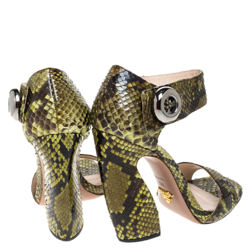 Prada Multicolor Python Leather Block Heel Ankle Strap Sandals Size 38
