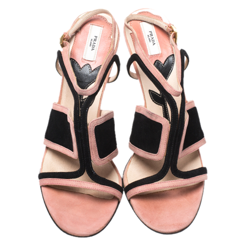 Prada Pink/Black Cut Out Suede Open Toe Ankle Strap Sandals Size 36.5