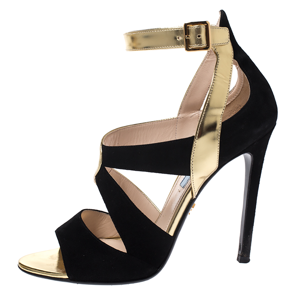 Prada Black/Gold Cut Out Patent Leather and Suede Ankle Strap Sandals Size
Prada Black/Gold Cut Out Patent Leather and Suede Ankle Strap Sandals Size