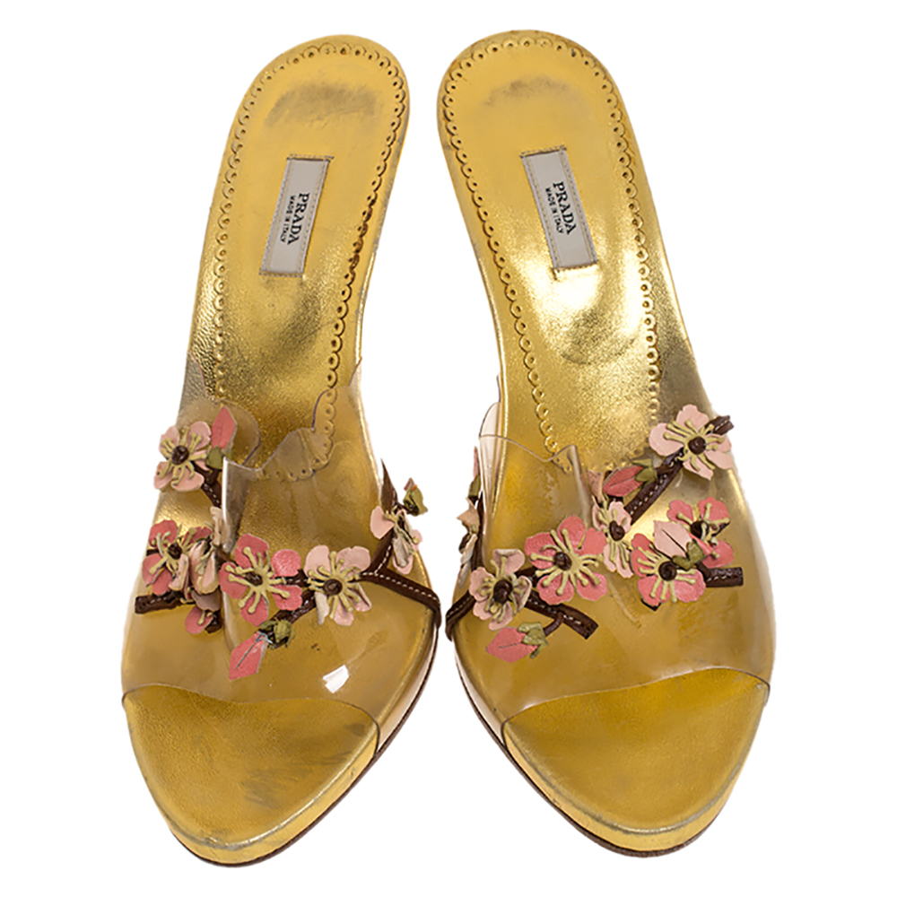 Prada Multicolor PVC And Leather Flower Embellished Slide Sandals Size 38.5