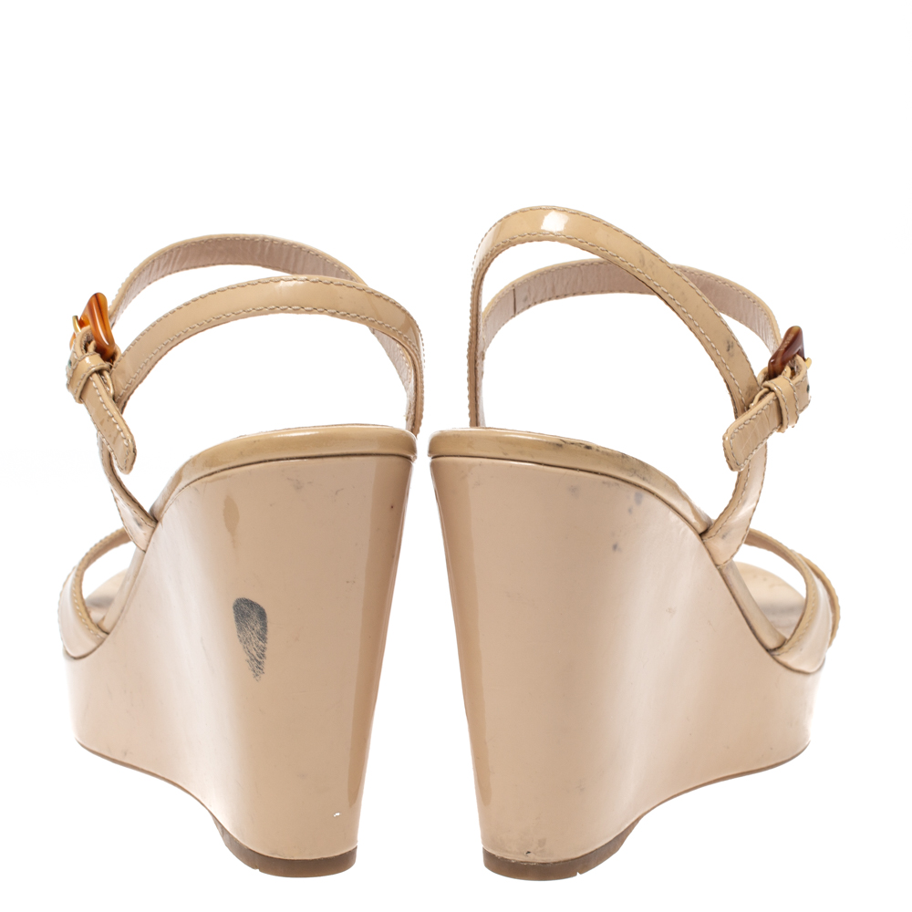 Prada Nude Beige Patent Leather Criss Cross Wedge Sandals Size 36