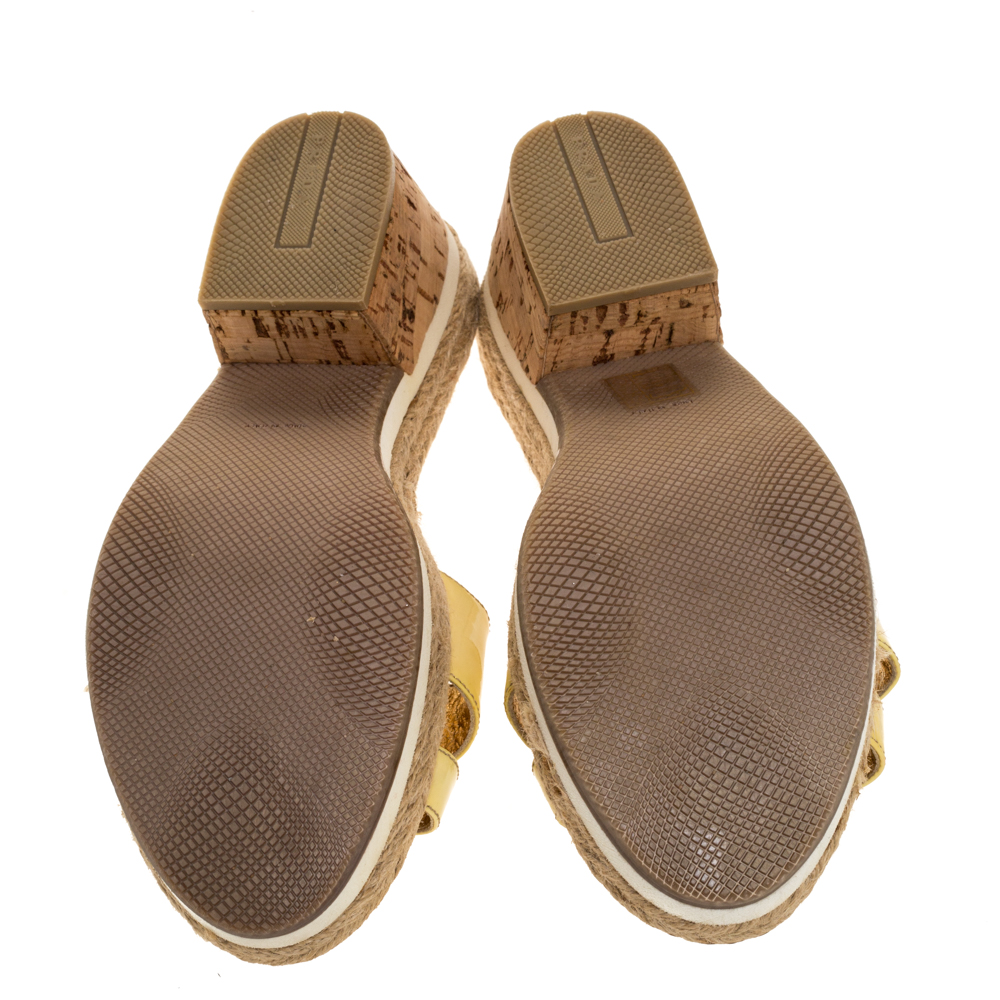 Prada Yellow Patent Leather Cork Wedge Espadrille Slide Sandals Size 38.5