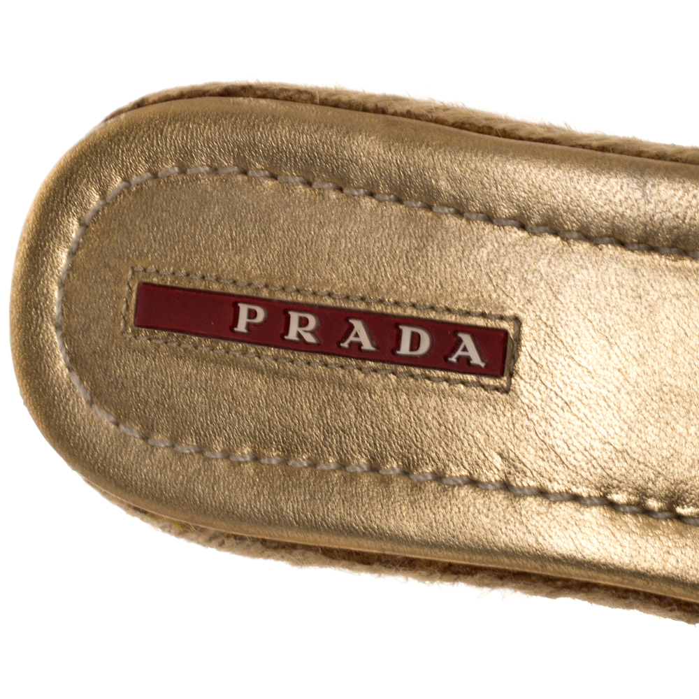 Prada Yellow Patent Leather Cork Wedge Espadrille Slide Sandals Size 38.5