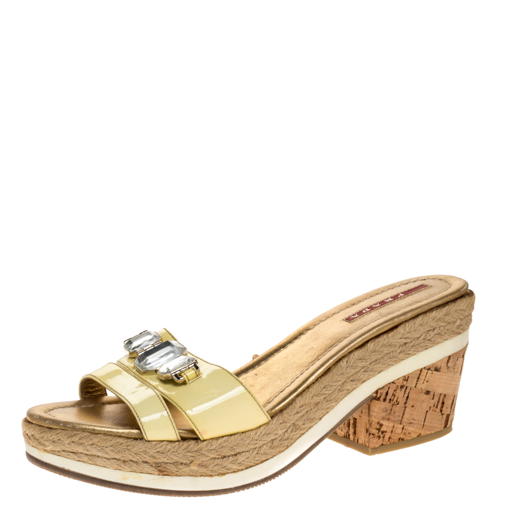 Prada sport yellow patent leather cork wedge espadrille slide sandals size 38.5