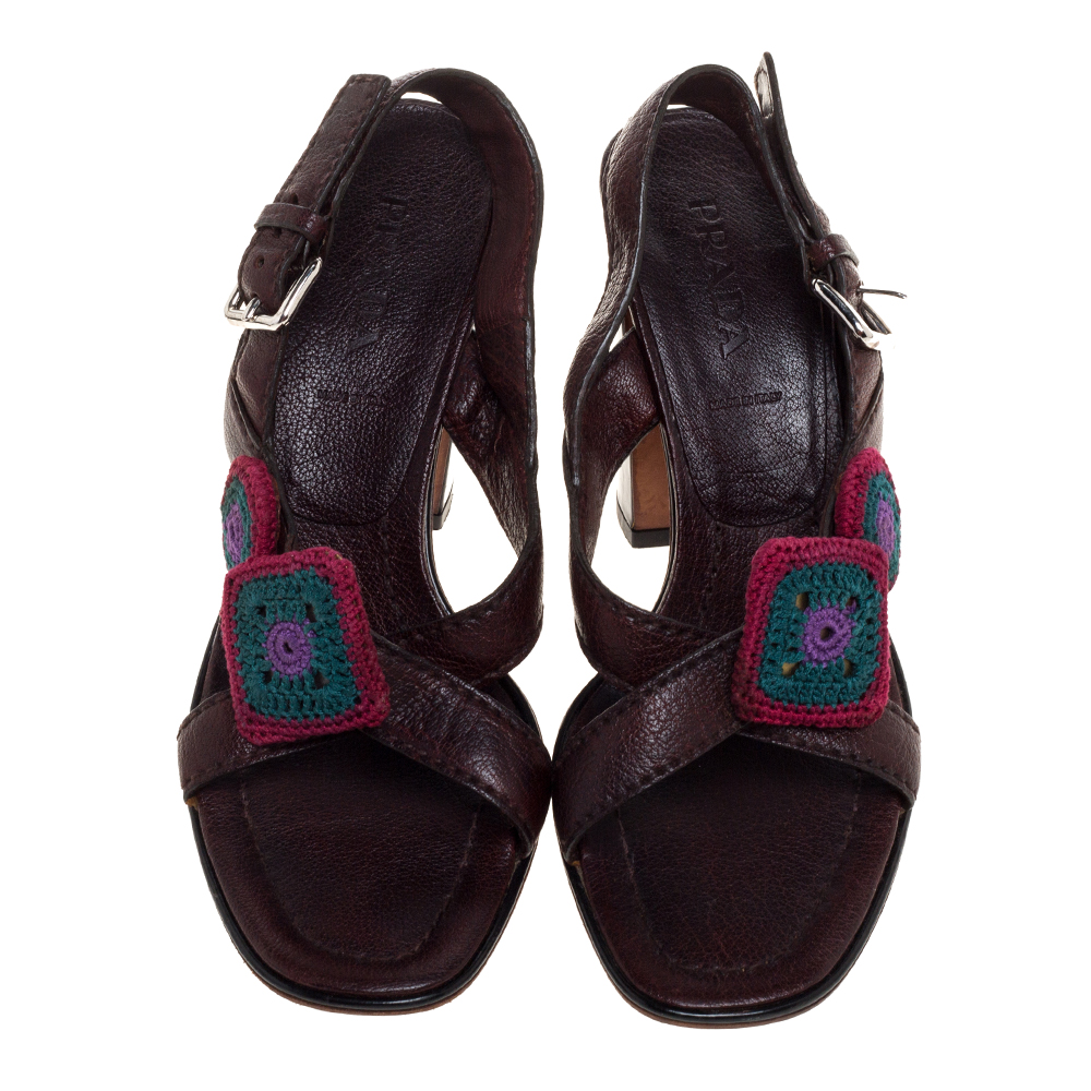 Prada Brown Leather Embellished Cross Strap Slingback Sandals Size 38