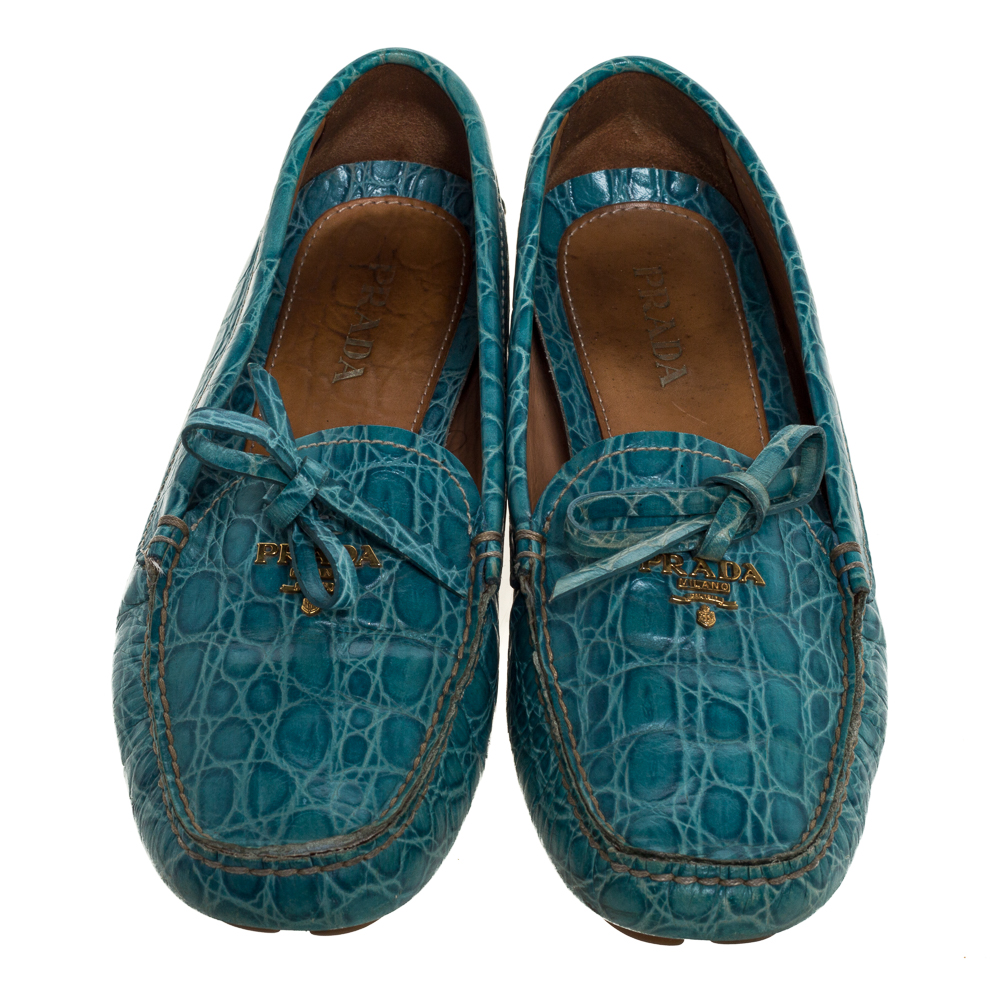 Prada Blue Crocodile Leather Bow Slip On Loafers 39