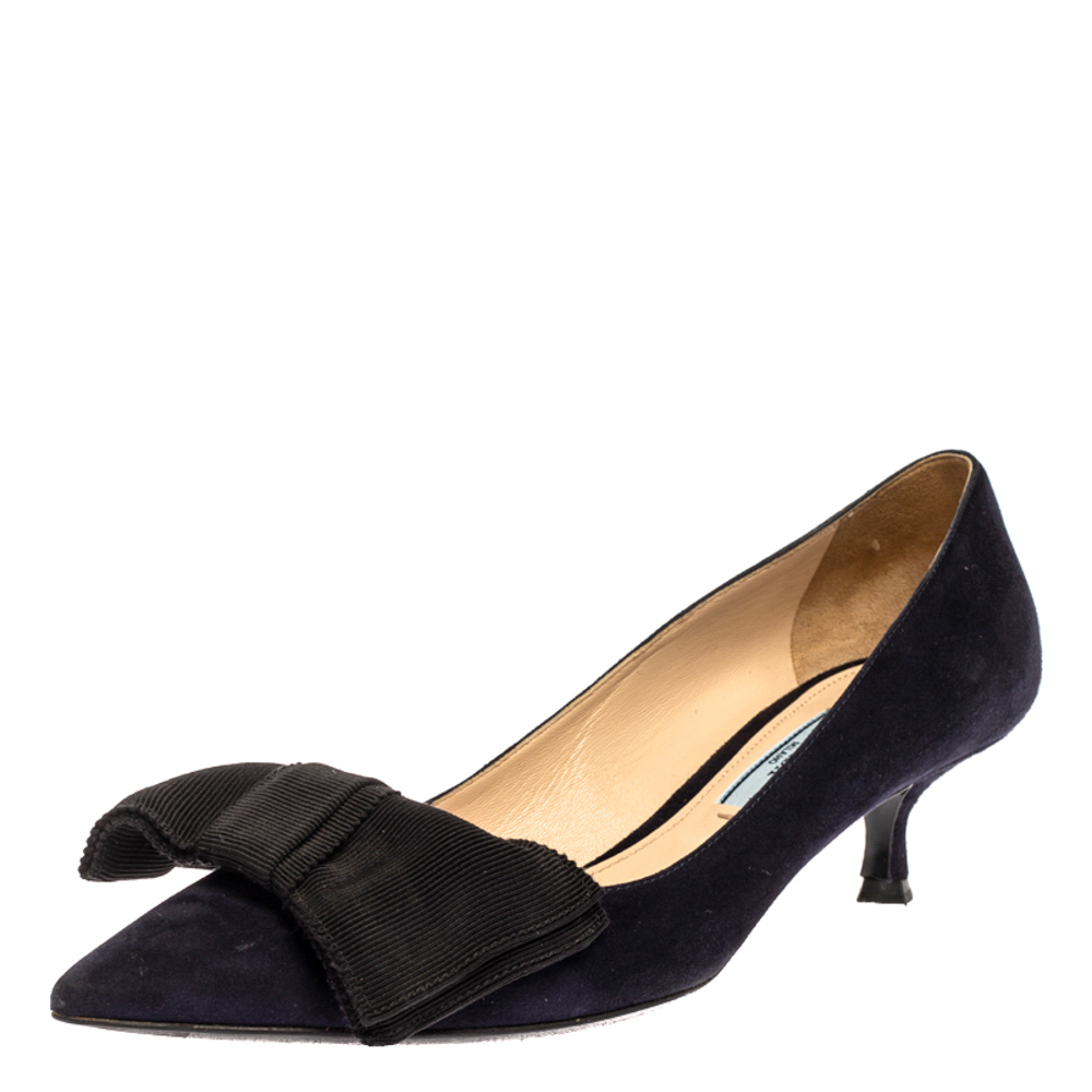 Prada Navy Blue Suede Bow Embellished Pointed Toe Pumps Size 36