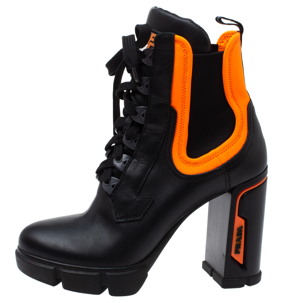 

Prada Black/Orange Leather and Neoprene Neon Detail Lace up Ankle Boots Size