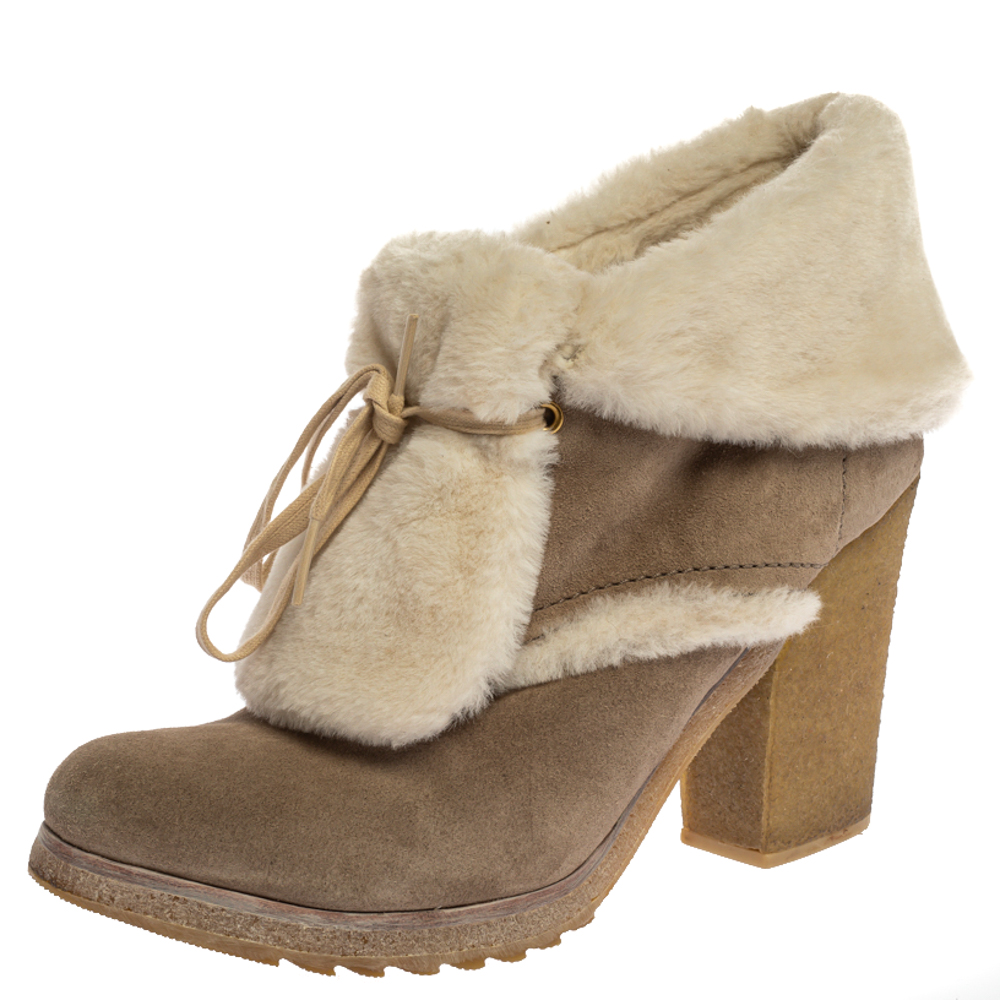 Prada Sports Beige Suede And Fur Shearling Trimmed Ankle Boots Size 40
