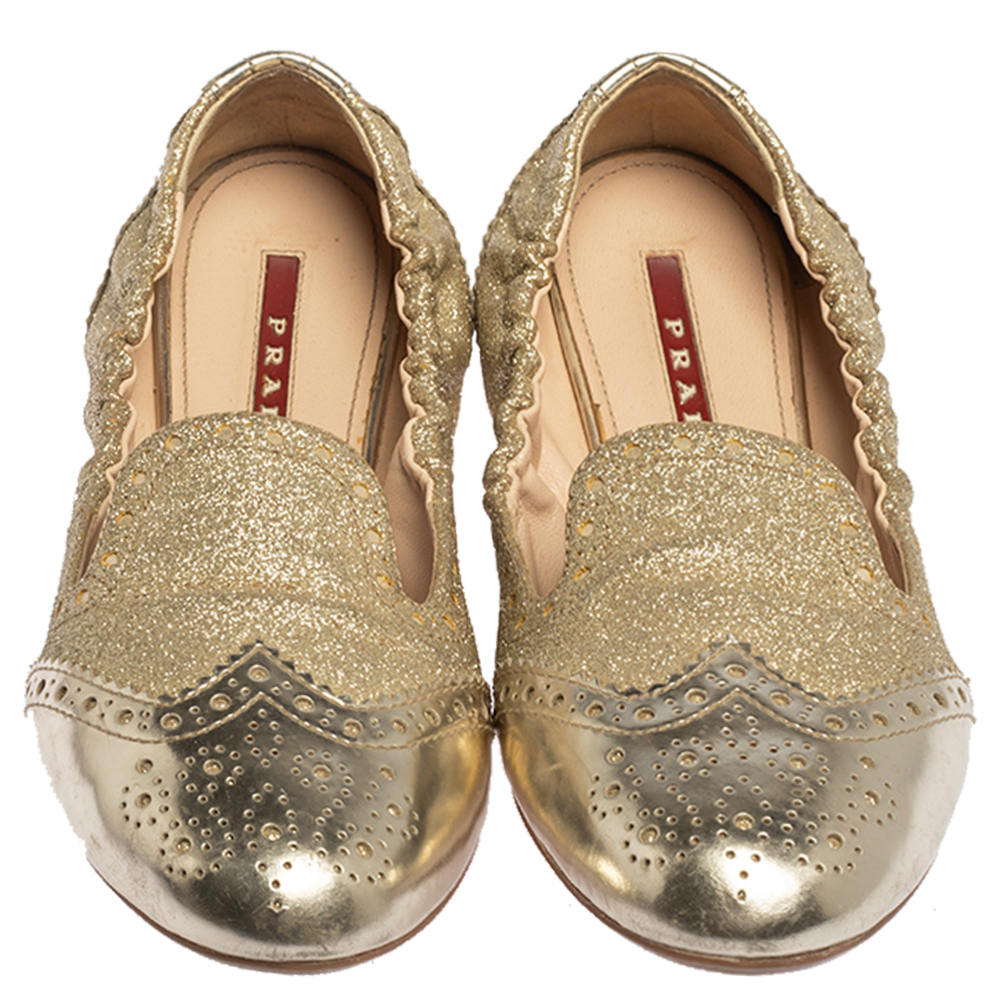Prada Sport Gold Glitter Fabric And Patent Leather Brogue Scrunch Ballet Flats Size 37.5
