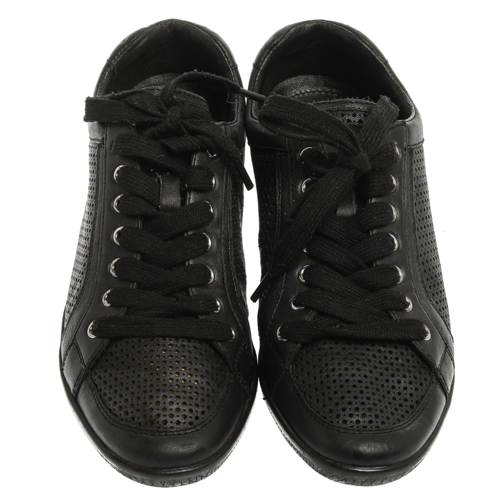 Prada Sports Black Perforated Leather Lace Up Low Top Sneakers Size 38