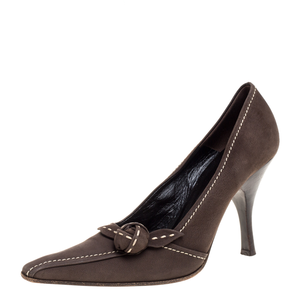 Prada khaki brown stitch nubuck leather knot pointed toe pumps size 36