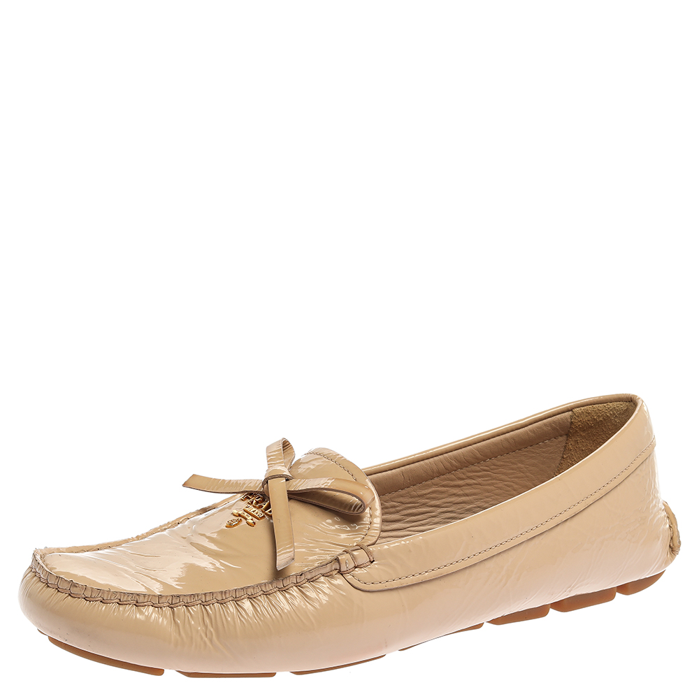 Image of Prada Beige Patent Leather Bow Loafers Size