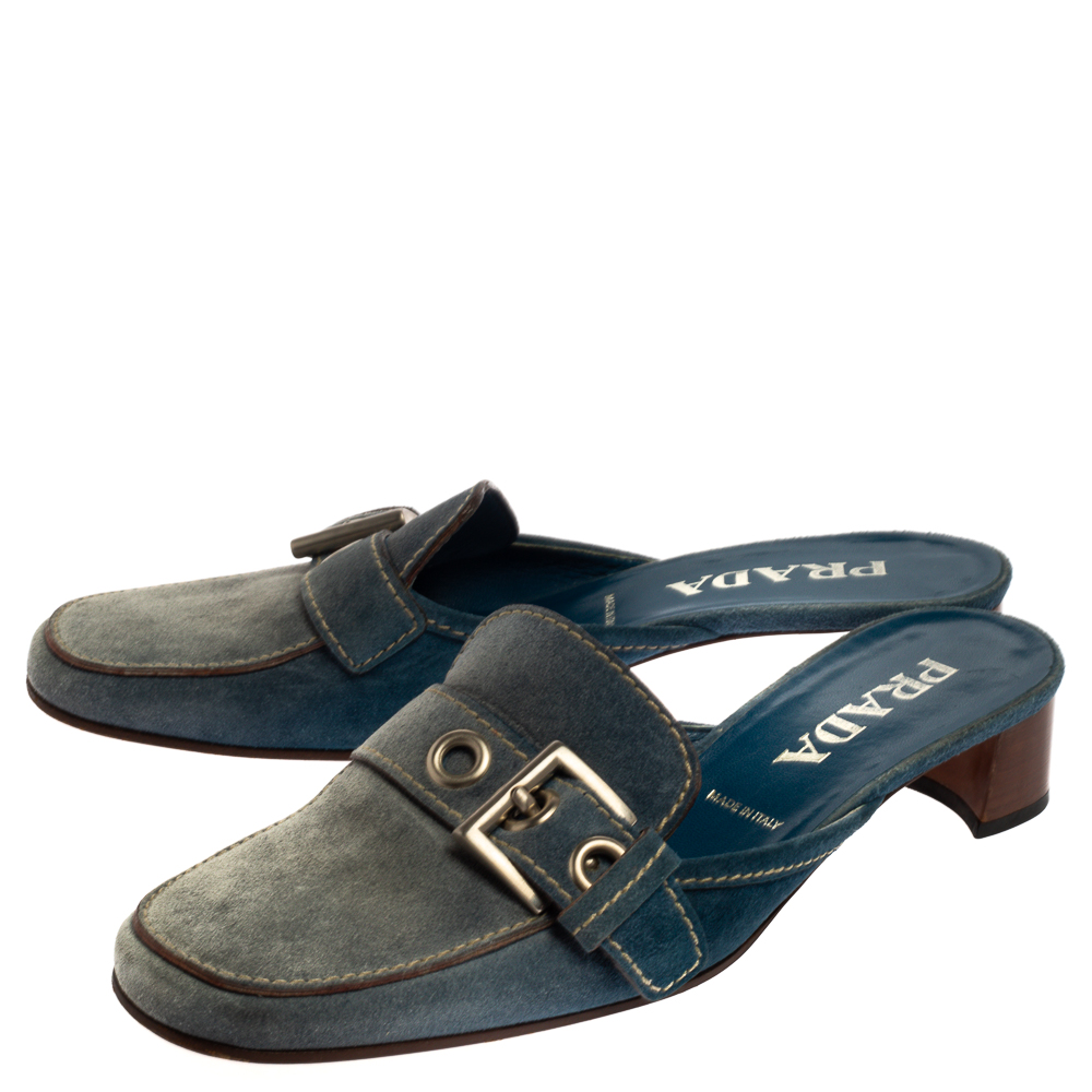 Prada Blue Denim Buckle Mule Sandals Size 38.5
