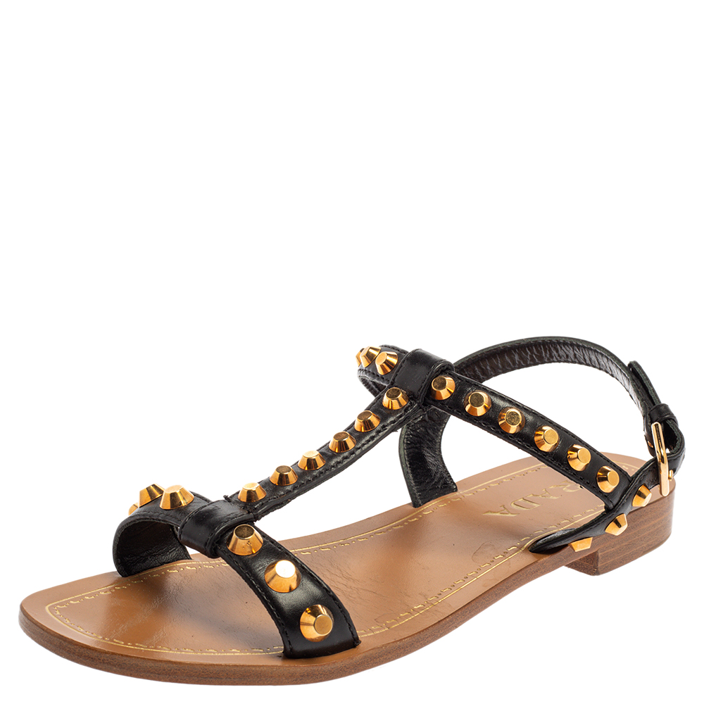 Image of Prada Black Leather Studded T Strap Flat Sandals Size