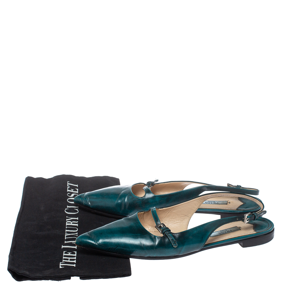 Prada Green Patent Leather Cut Out Buckle Slingback Flat Sandals Size 37.5