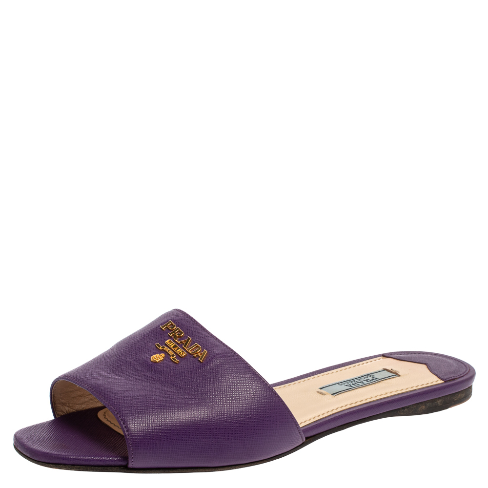 Prada Purple Saffiano Leather Logo Embellished Flat Slides Size 38.5