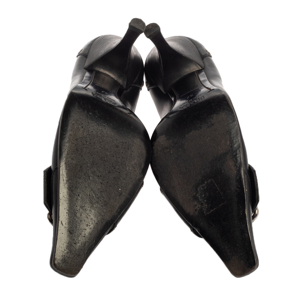 Prada Black Leather Pointed Toe Logo Pumps Size 37