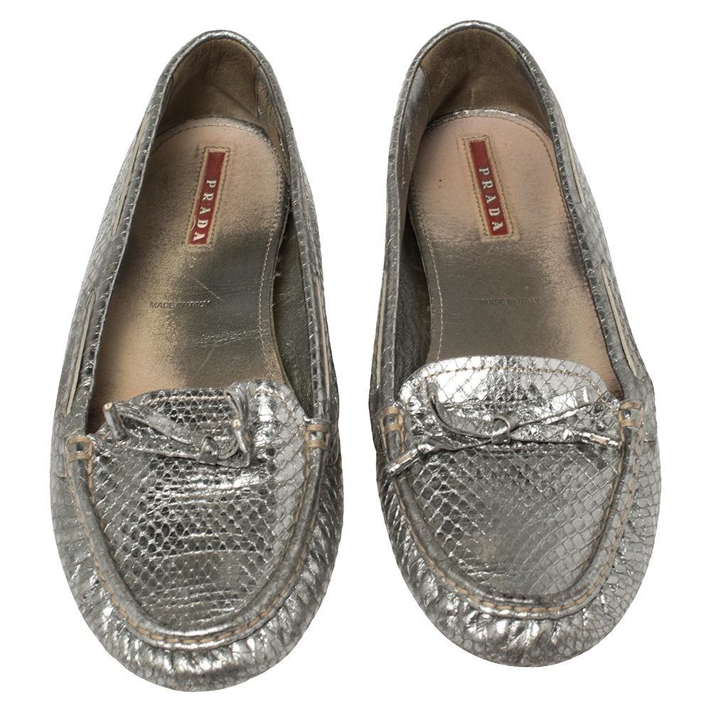 Prada Silver Python Embossed Leather Bow Slip On Loafers Size 39