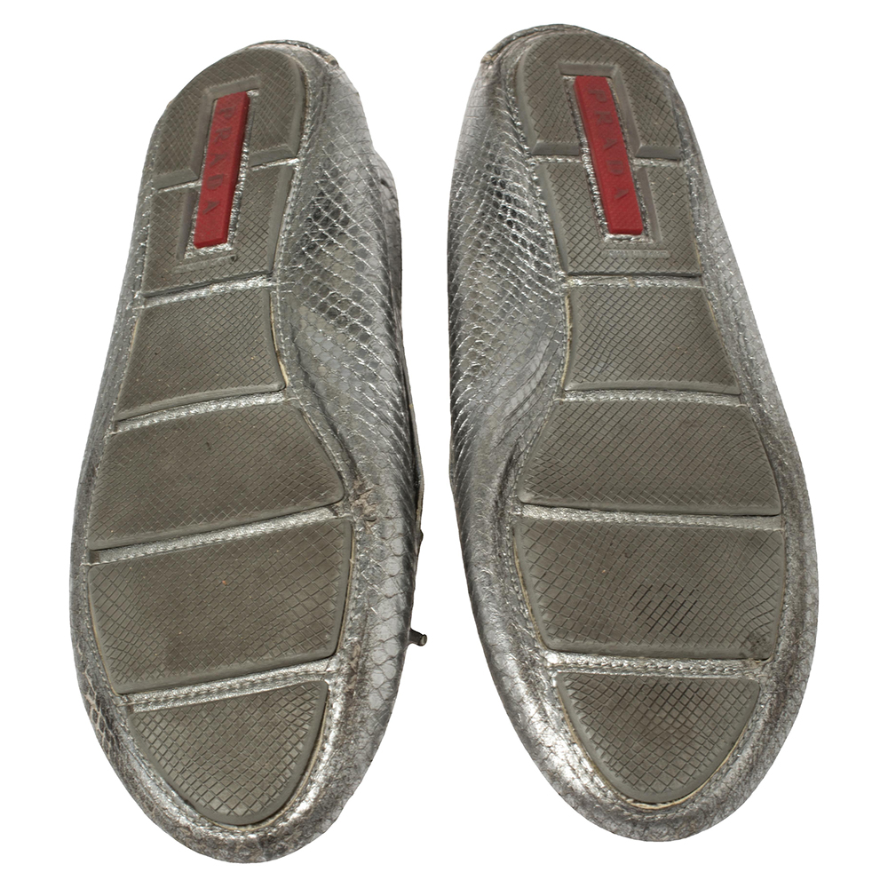 Prada Silver Python Embossed Leather Bow Slip On Loafers Size 39
