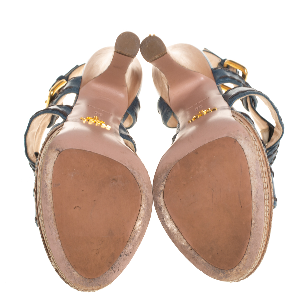 Prada Blue And Tan Leather Stitch Detail Cross Strap Platform Sandals Size 36