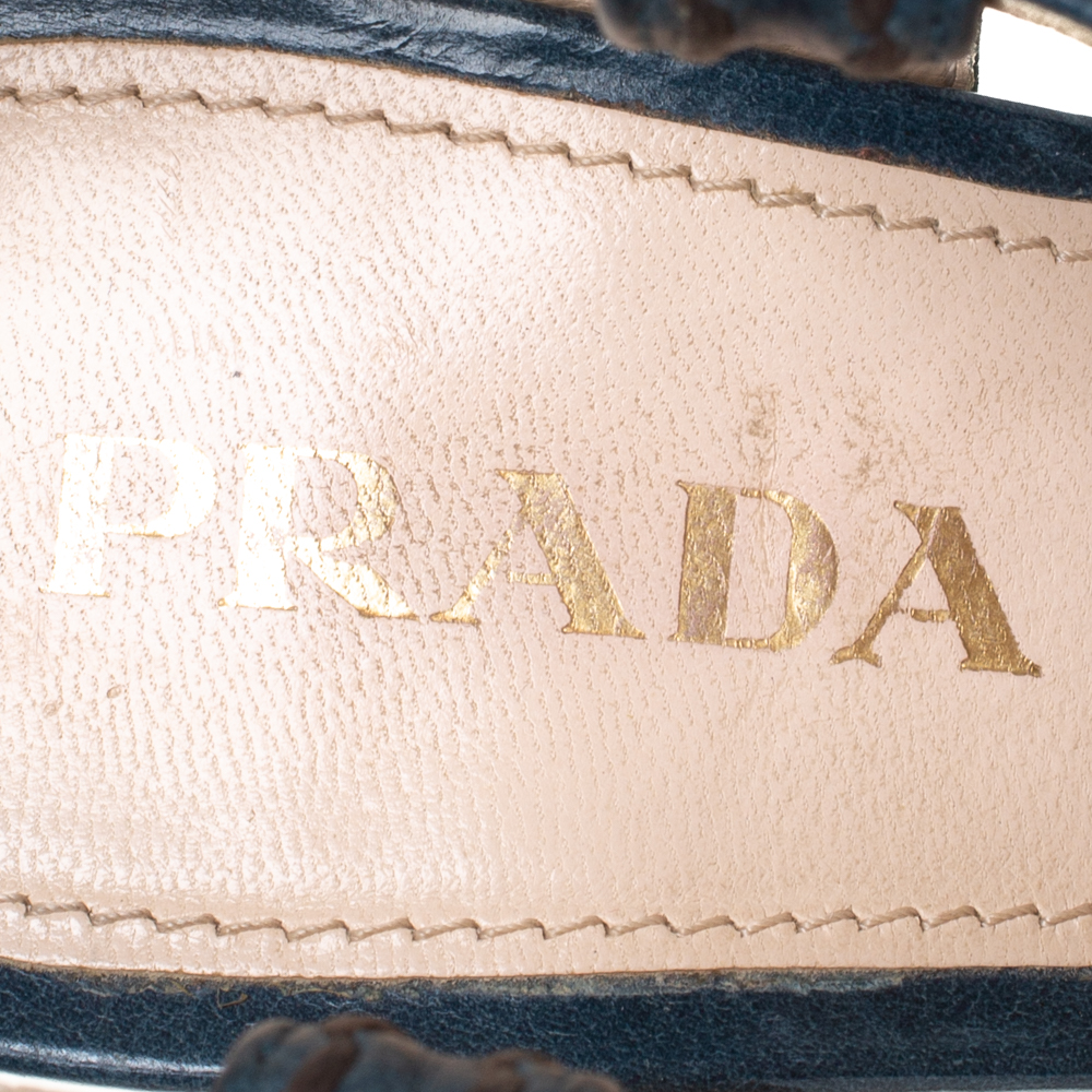 Prada Blue And Tan Leather Stitch Detail Cross Strap Platform Sandals Size 36