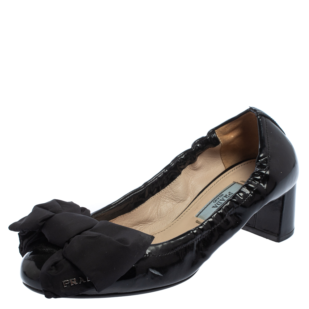 Prada Black Patent Leather Bow Block Heel Pumps Size 35.5