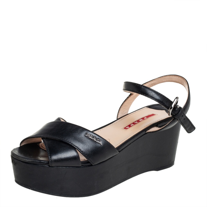 Prada Black Leather Crisscross Ankle Strap Wedge Sandals Size 36.5