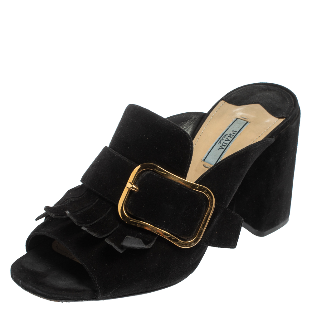 Prada Black Suede Fringe Mule Sandals Size 40.5