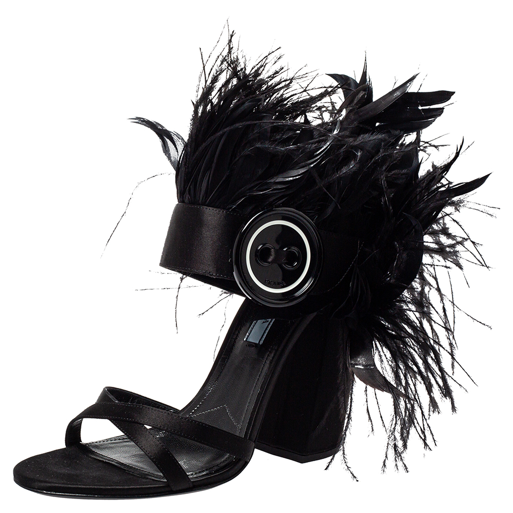 Prada Black Satin And Feather Trim Criss Cross Block Heel Sandals Size 39.5