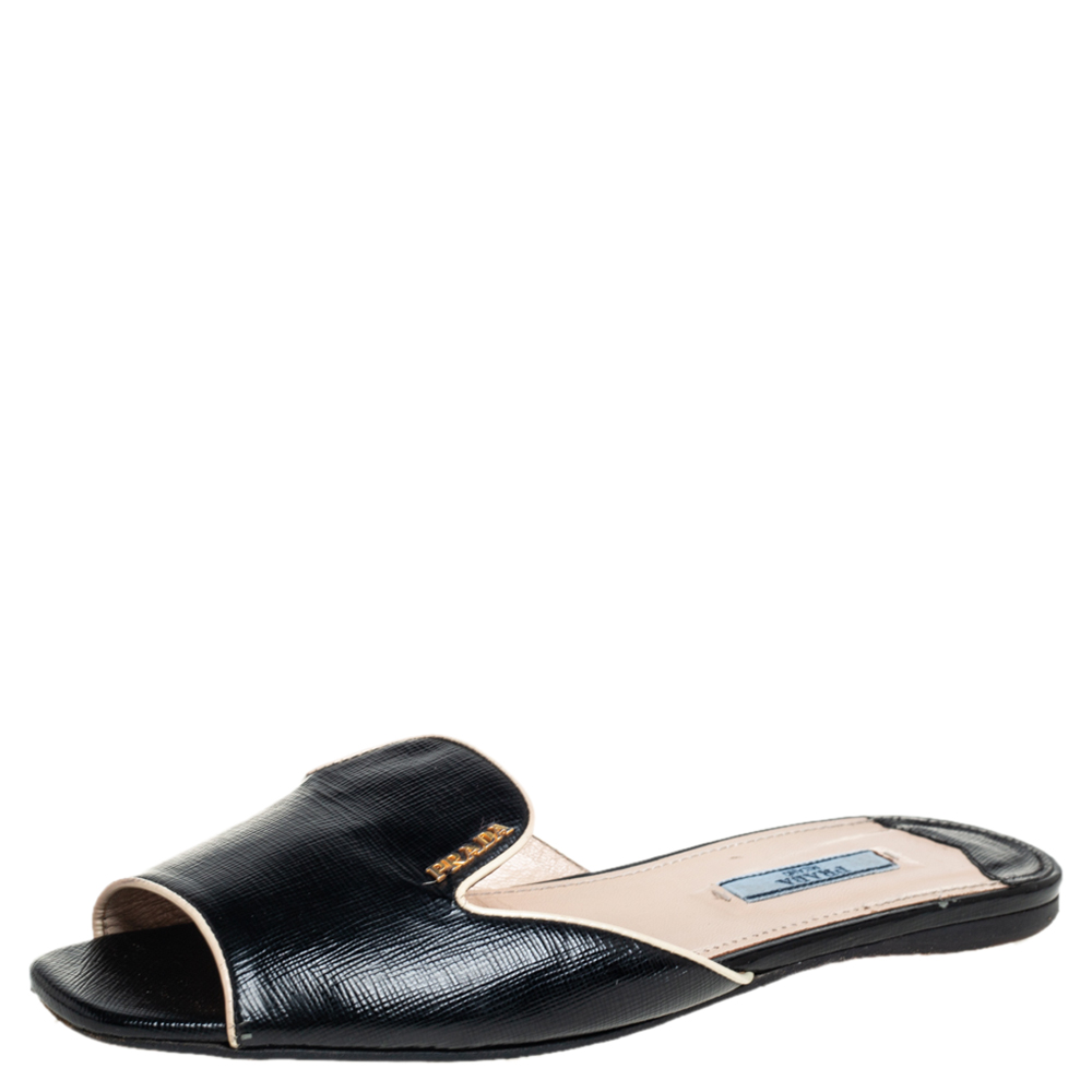 Prada black saffiano patent leather flat sandals size 38.5