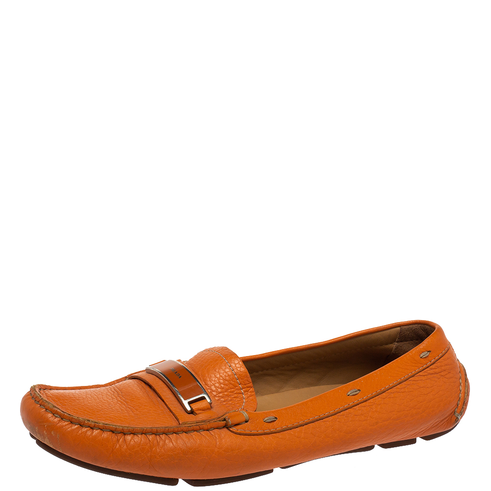 Prada Orange Leather Slip On Loafers Size 38.5