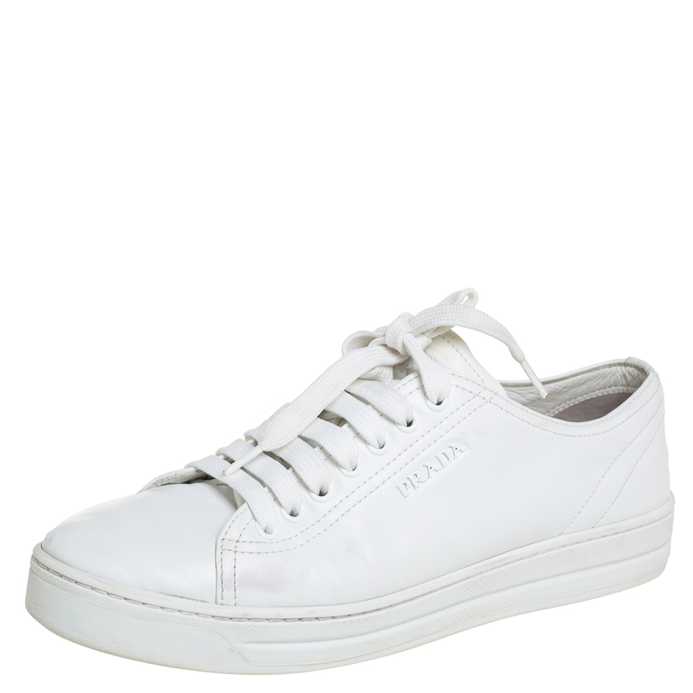 Prada White Leather Lace Up Low Top Sneakers Size 36.5