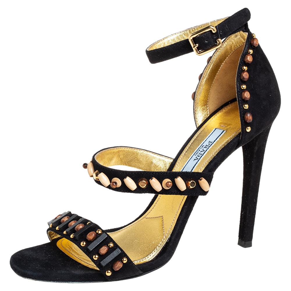 Prada Black Suede Embellished Ankle Strap Sandals Size 38