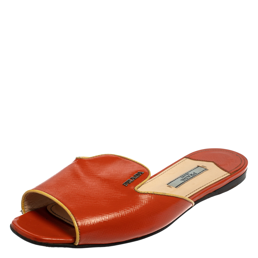 Prada Orange Patent Saffiano Leather Flat Slides Size 37