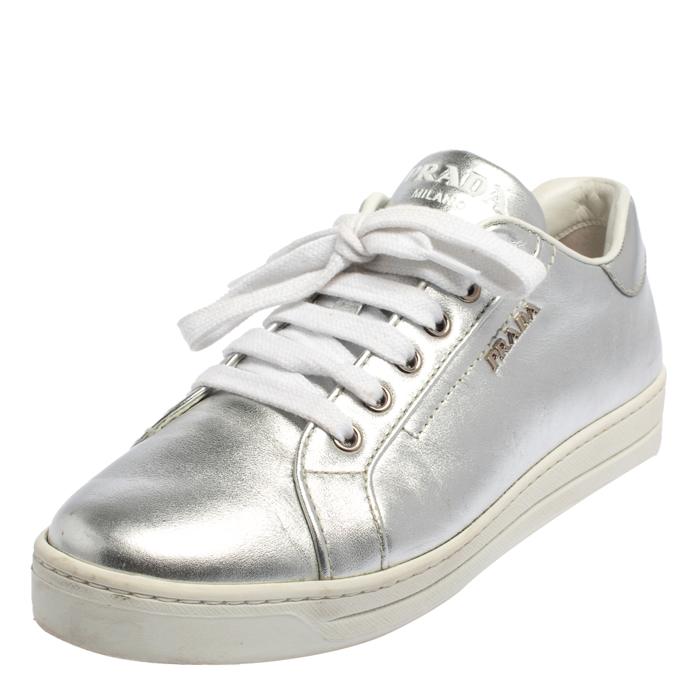 Prada Metallic Silver Leather Low Top Sneakers Size 37