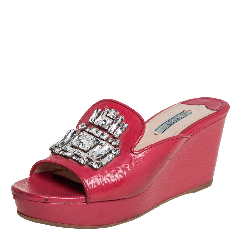 Prada Red Patent Leather Crystal Embellishment Wedge Sandals Size 38