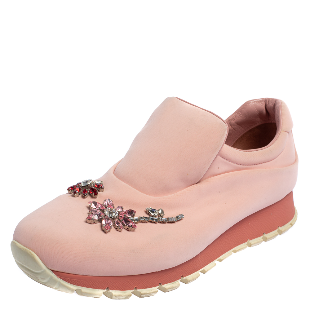 Prada Pink Nylon Crystal Embellished Slip On Sneakers Size 40