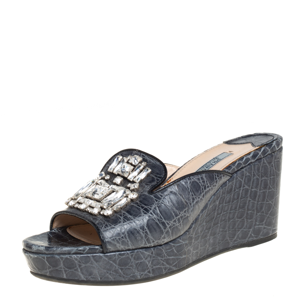 Prada Grey Crocodile Leather Embellished Platform Wedge Slide Sandals Size 37