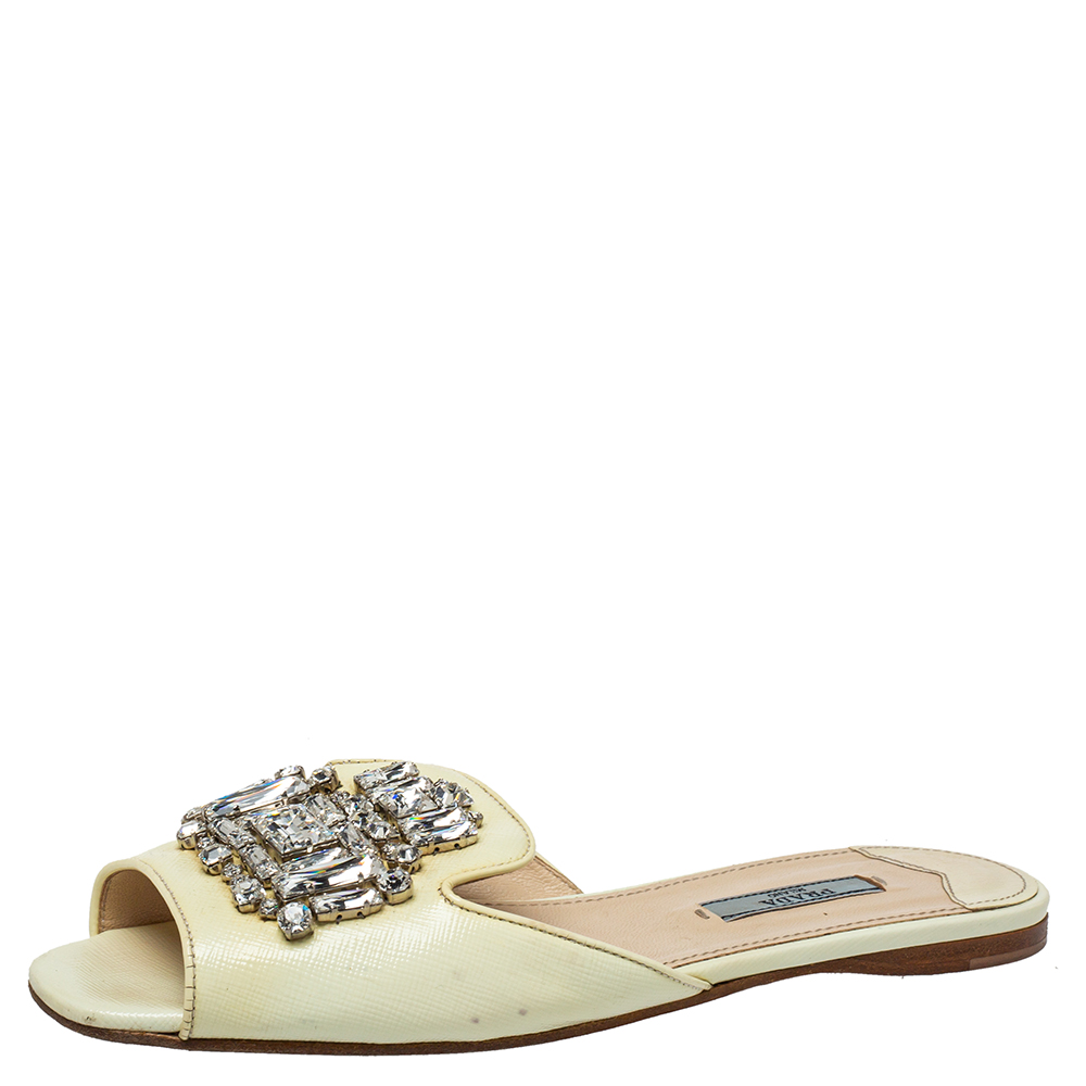 Prada Cream Patent Saffiano Leather Crystal Embellished Flat Sandals Size 38