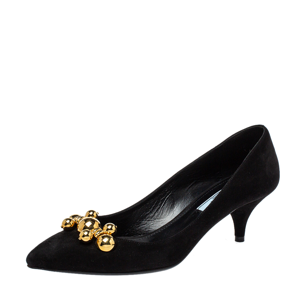 Prada Black Suede Embellished Kitten Heels Pumps Size 37