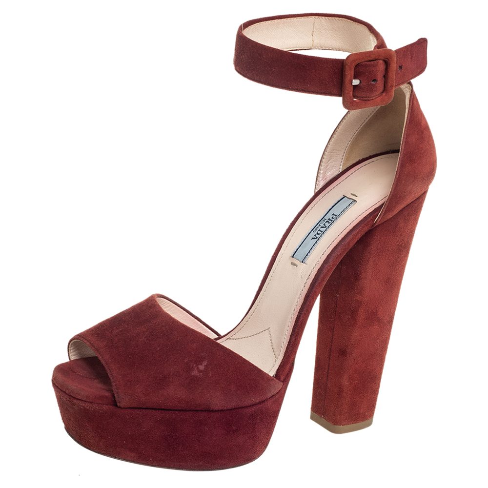 Prada Brown Suede Platform Ankle Strap Sandals Size 39.5