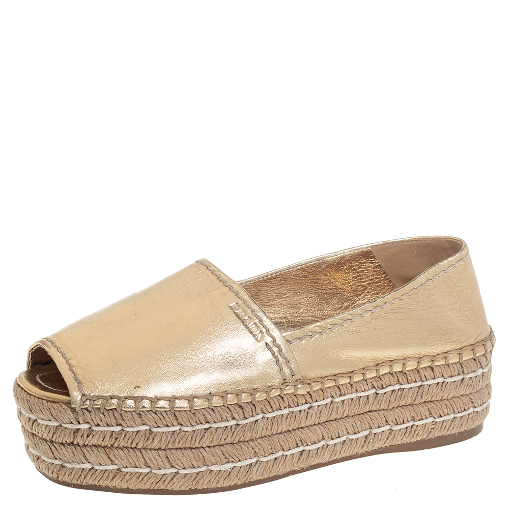 Prada Metallic Gold Leather Peep Toe Platform Espadrilles Size 36
