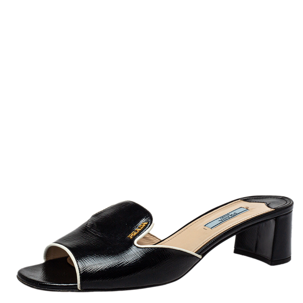 Prada Black Patent Saffiano Leather Block Heel Slide Sandals Size 41