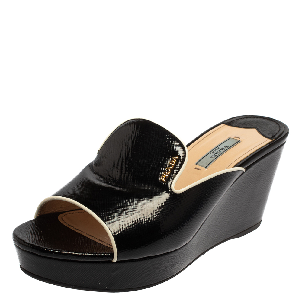 Prada Black Patent Saffiano Leather Wedge Platform Slide Sandals Size 40