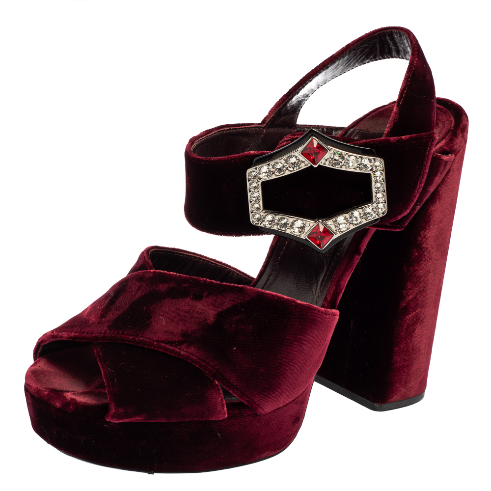 Prada Burgundy Velvet Ankle Strap Sandals Size 39.5