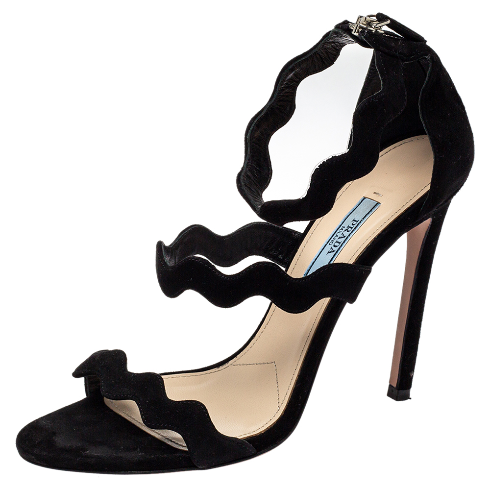 Prada Black Suede Wavy Strap Sandals Size 38