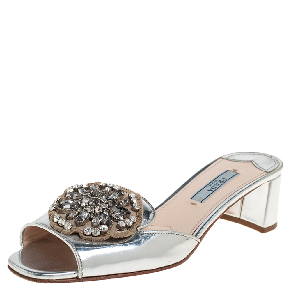 Prada Silver Patent Leather Embellished Block Heel Slide Sandals Size 36