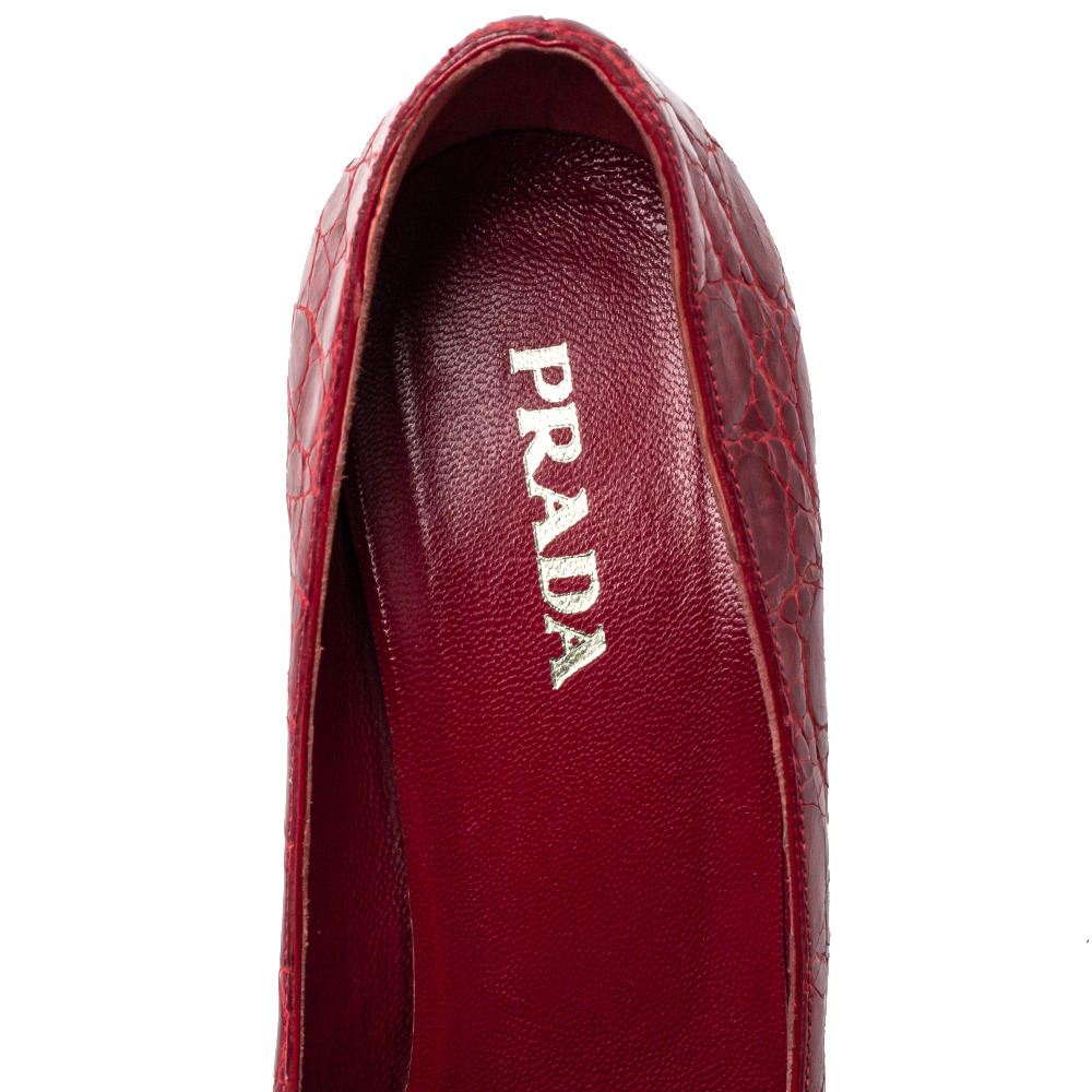Prada Red Embossed Leather Peep Toe Pumps Size 40
