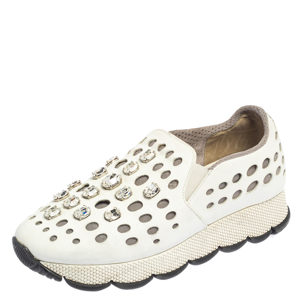 Prada White Laser Cut Leather Crystal Embellished Slip On Sneakers Size 37